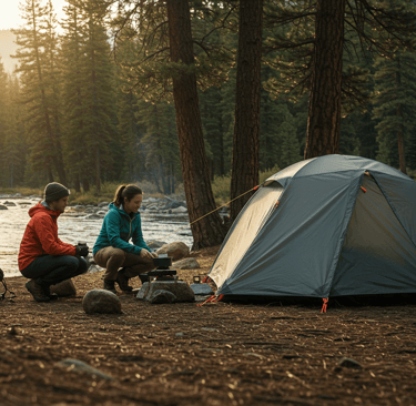 two people sitting at a campsite in the woods