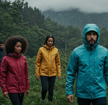 Hikers wearing outdoor waterproof windproof hiking jackets