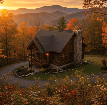 a log cabin in the mountains with a sunset