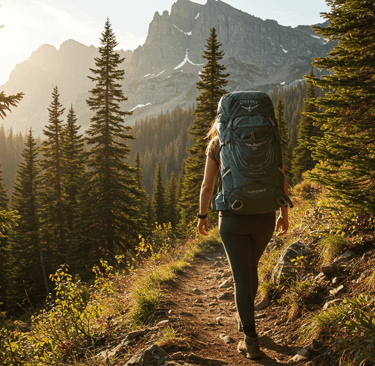 Women hiker on a mountain trail hiking with backpack surrounded by trees