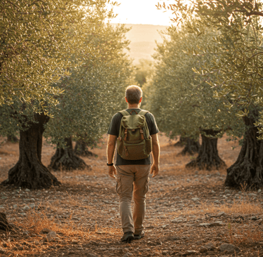 Man using a Modern Travel Backpack while walking by trees