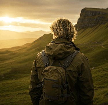 man wearing waterproof jacket while on a hike in the mountains