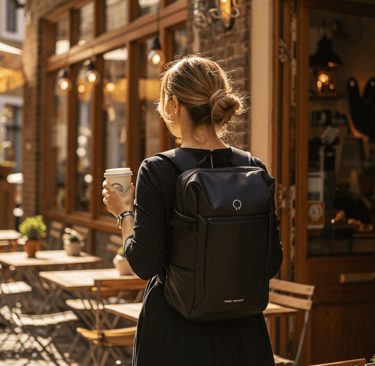 Women walking by coffee shop wearing one of the top rated travel backpacks 2025 from this blog