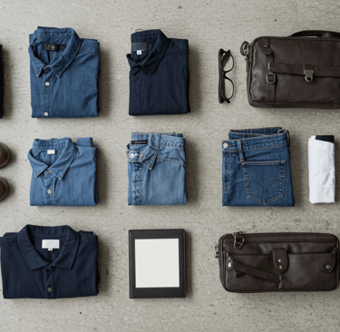 Flat lay of a minimalist men's travel capsule wardrobe. Essential and versatile clothing items