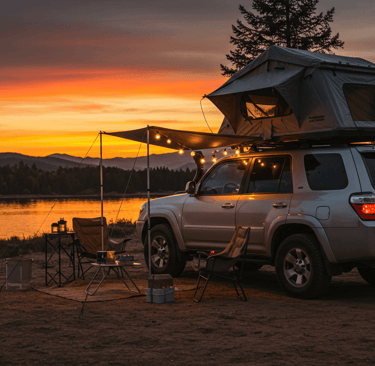 beautifully set-up car campsite at sunset, with a cozy tent, comfortable chairs