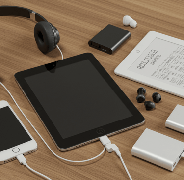 a tablet computer and headphones on a table