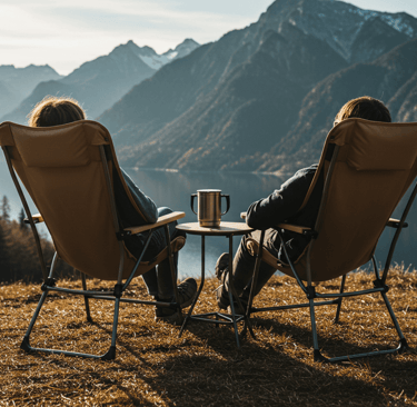 campers relaxing comfortably in a stylish camping chair with a scenic mountain or lakeside view