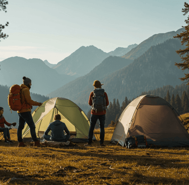 a group of people standing around a tent
