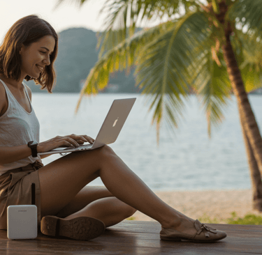Women working while on vacation on a laptop and wireless router