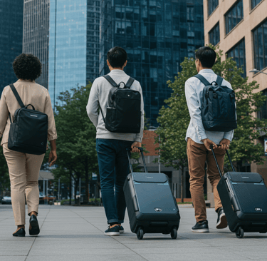 Team using carry on backpacks to go to meeting
