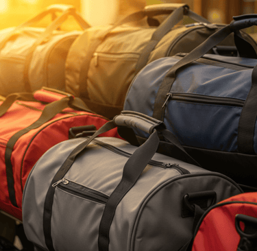 a variety of Duffel bags with an outdoor background