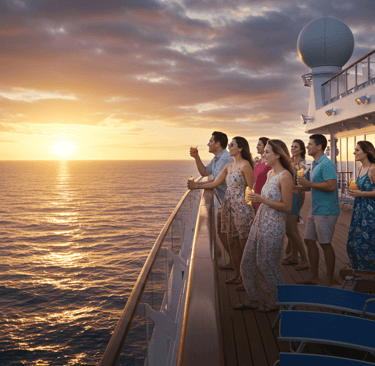 a group of people standing on a cruise ship