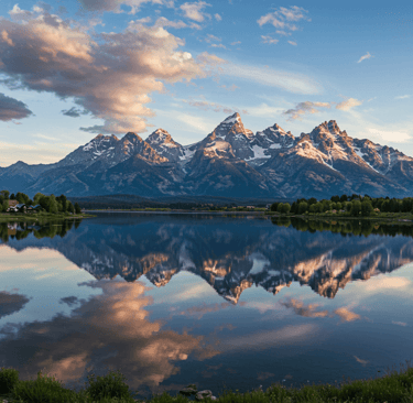 Panoramic Grand Tetons National Park vista at sunrise, unique town below; ultimate US National Parks