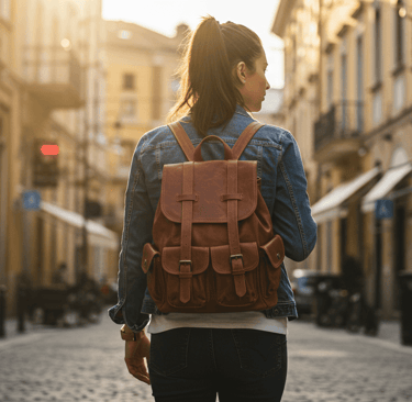 stylish traveler with a backpack in a vibrant travel setting