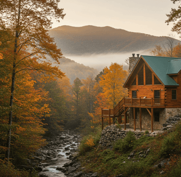 a cabin in the woods with a river running through it
