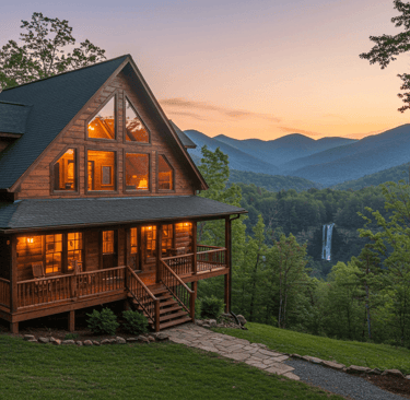 a cabin with a view of the mountains