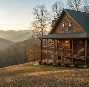 a cabin with a view of mountains in the background