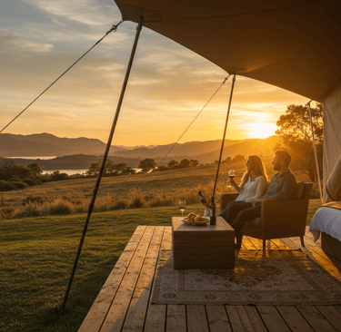 a woman sitting in a tent with a glass of wine
