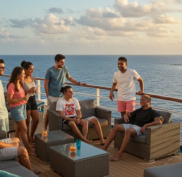 a group of people sitting on a deck deck