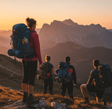 Hiker stands on a mountain peak at sunset, wearing a backpack and sturdy hiking boots, showcasing