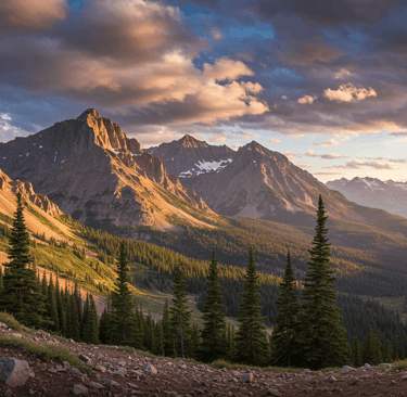 Traveler on a hike overlooking mountain ridge at sunset with large backpack