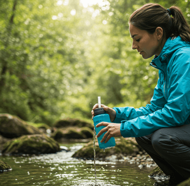 Happy traveler on a scenic mountain hike, staying hydrated with a reusable water bottle.