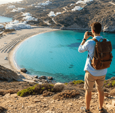 man wearing Travel Light Backpack while taking pictures of beach on top of a hill