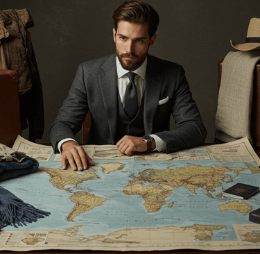 Travel fashion as a superpower for men. Confident traveler planning his stylish and practical