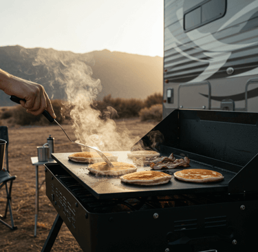 a man cooking food on a grill top