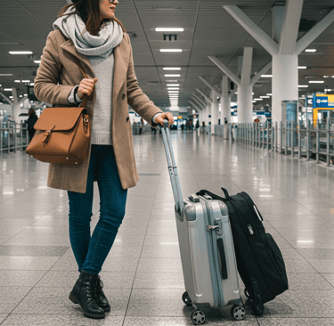 travel outfit inspiration, women wearing comfortable sweater shoes and coat