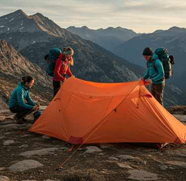 a group of people standing around a tent
