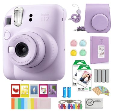 a purple instant camera with accessories
