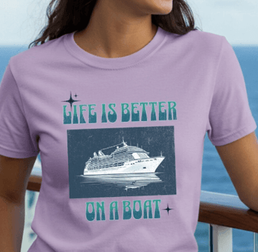 a woman in a purple shirt is smiling and holding a boat