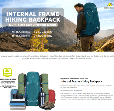 Close-up of the NEVO RHINO 50L hiking backpack on a mountain trail, highlighting its comfortable