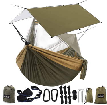 a hammock with a tent and a backpack