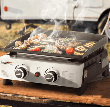 camping 2 burner griddles with meat and vegetables