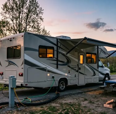 Class C motorhome hooked up at an RV park campsite at sunset on a road trip — Horacio & Visconti