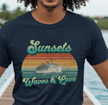 a man with curly hair and a hat on a dock wearing a cruise couples shirt