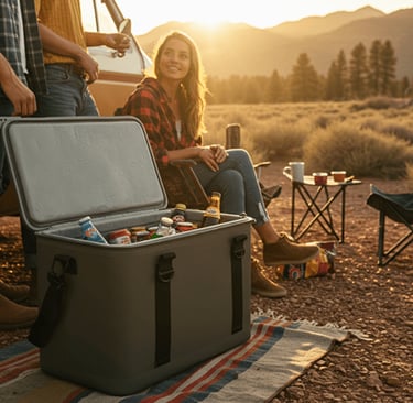featuring cooler in diverse US camping settings at a campsite with friends