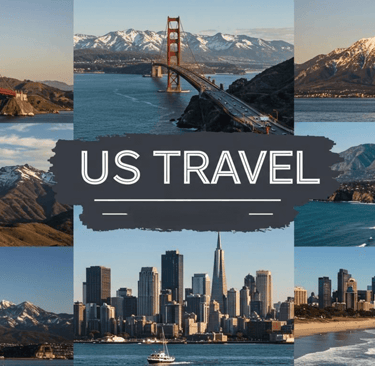 Professional travel photography, showcasing a collage of iconic US landmarks and diverse landscapes 