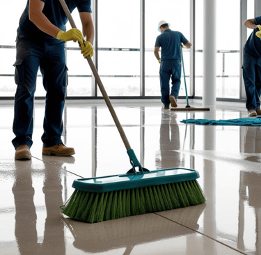 un homme entre de nettoyé avec un balaie