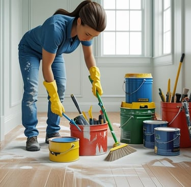 une femme qui fait le nettoyage d'une chambre après travaux
