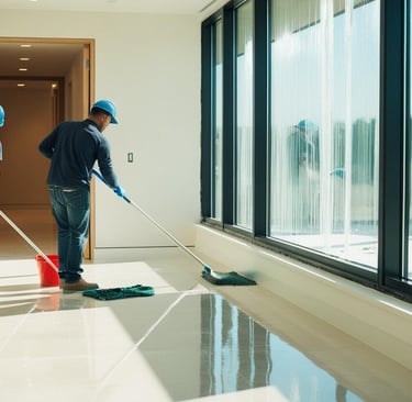 Deux hommes entre de nettoyage le sol en carrelage