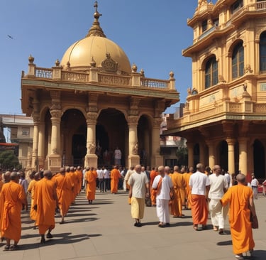 A temple with ornate architectural details is prominently featured, surrounded by a gathering of people, some dressed in traditional attire. The temple has a gopuram adorned with intricate sculptures. The sky is partly cloudy with the sun setting in the background, casting a warm glow.