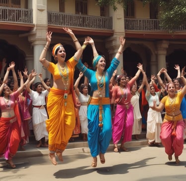 An ornate, colorful Hindu temple tower with intricate carvings and statues rises against a backdrop of a bright blue sky scattered with fluffy white clouds. Lush green trees surround the temple structure.