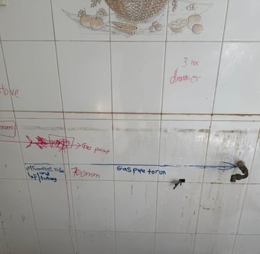 Before image of gas pipe installation in kitchen