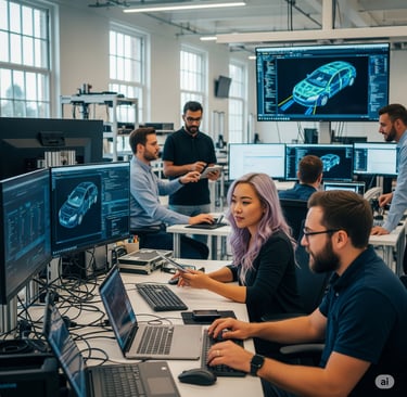 A group of CAD automation developers working on an automation projects in an automobile company