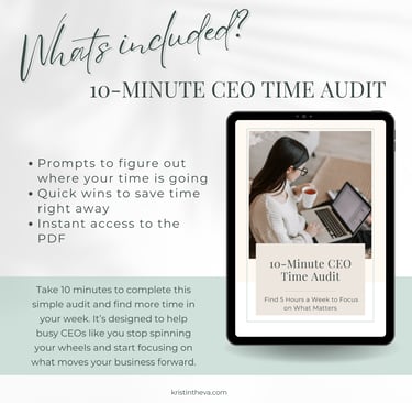 Promotional image for a 10-Minute CEO Time Audit PDF. Features an iPad showing a woman with a laptop