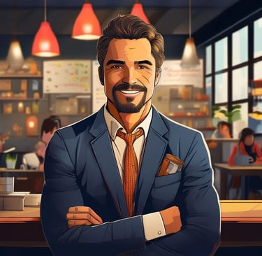 a man in a suit and tie is standing in front of a bar