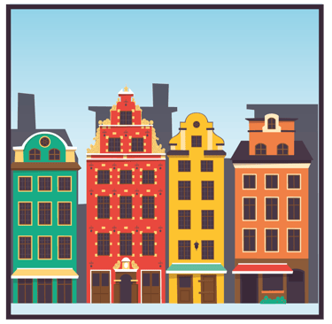 Illustration av färgglada hus i Stockholm för RUT-avdrag på fönsterputsning